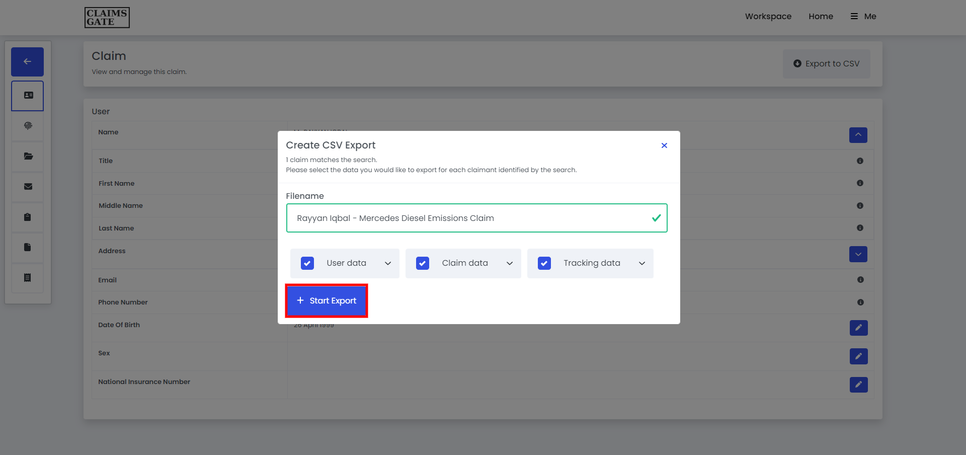 An image of a selecting the claim view