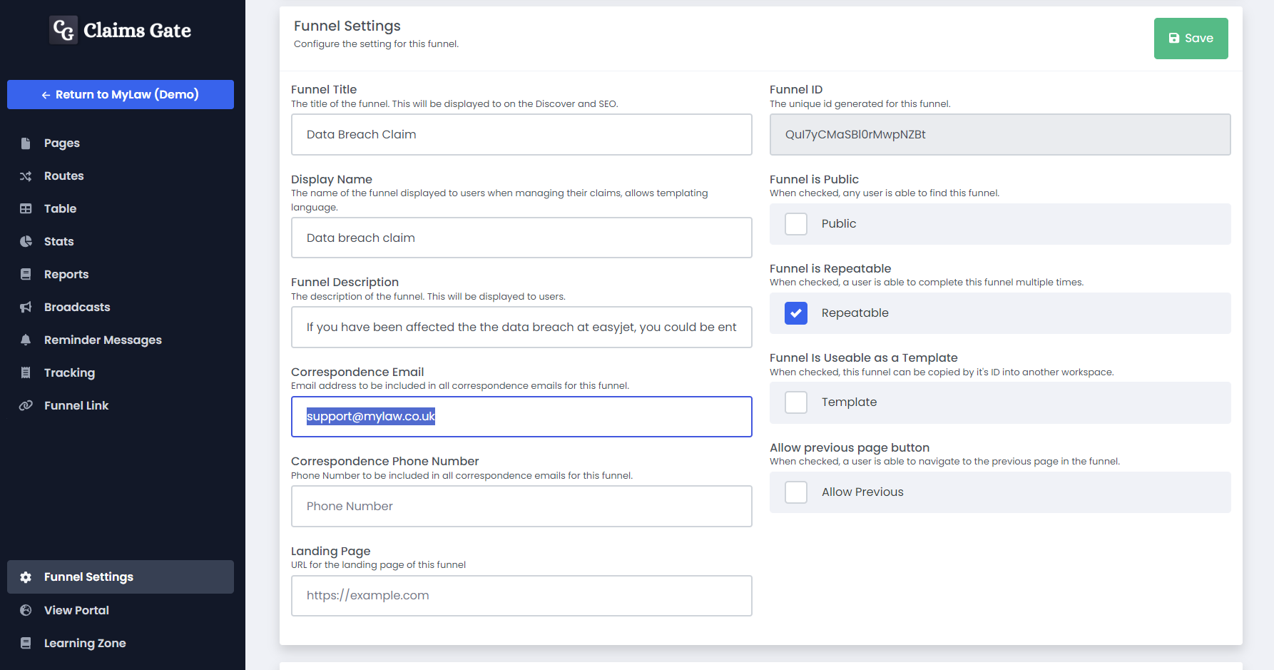 Setting the funnel correspondence email