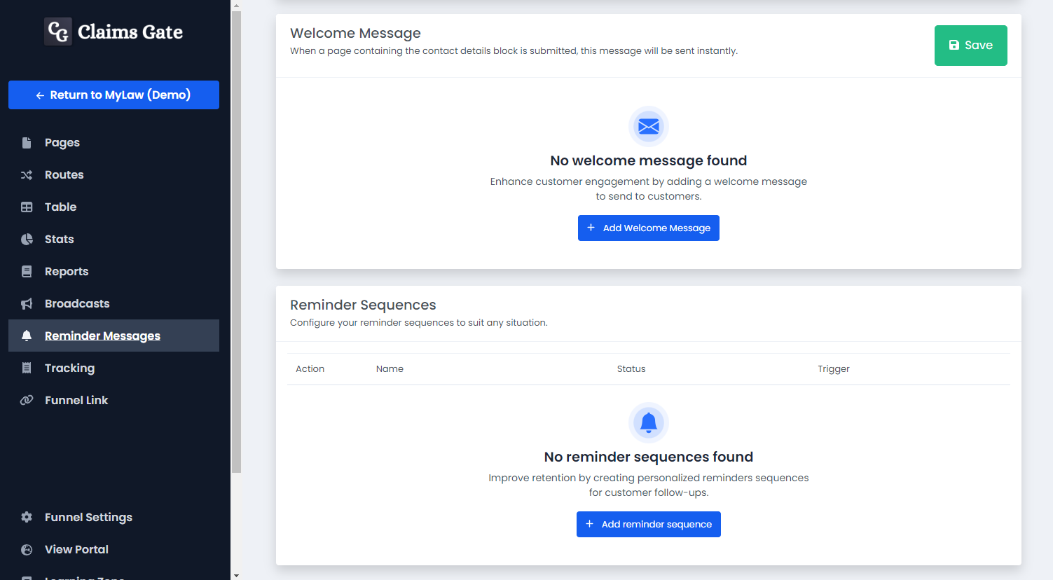 An image of the reminder sequences table